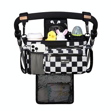 TOPDesign Universal Baby Stroller Organizer Stroller Caddy with Detachable Mesh Bag Heightened Insulated Cup Holders NonSlip Secure Hooks Accessories Fits Most Strollers Checkerboard