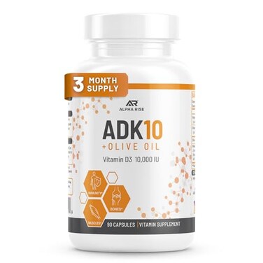 ALPHA RISE ADK 10 Vitamin Supplement Olive Oil for Better Absorption with Vitamins A D3 10000 iu K2 MK7MK4 90 Capsules Vegetarian NonGMO