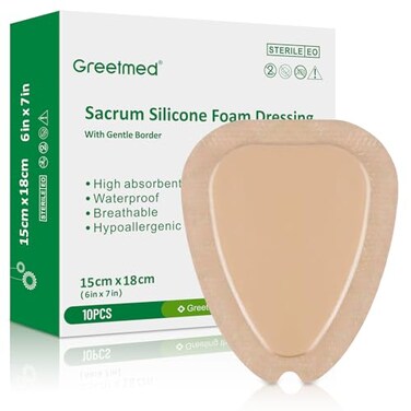 Greetmed Sacrum Foam Dressing with Border Silicone Adhesive 6x7 Waterproof Sacral Wound Dressing High Absorbent Pads Breathable Bed Sore Pressure Wound Care Bandages 10 Packs