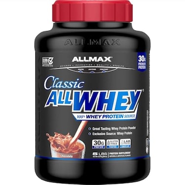 مسحوق بروتين مصل اللبن ALLMAX Classic AllWhey بنكهة الشوكولاتة، 5 أرطال، 30 غرام بروتين لكل مغرفة، خالٍ من الغلوتين، قليل السكر، غني بالبروتين، يدعم استشفاء العضلات، بناء عضلات صافية بعد التمرين، مناسب للرجال والنساء