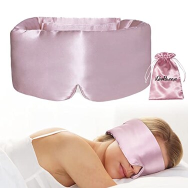 iCooBreeze 100 Natural Silk Eye Mask for Women Men Soft Pressureless Cooling Blackout Eye Covers for Sleeping Large Size Sleep Mask fits All Heads Adjustable 1PC Lotus Pink