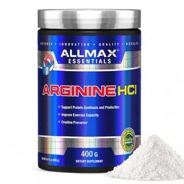 ALLMAX Essentials أرجينين هيدروكلوريد 400 غرام، مادة أولية لتخليق أكسيد النيتريك، نباتي، خالٍ من الغلوتين، 200 حصة