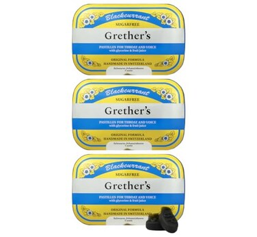 GRETHER'S GRETHERS Sugarfree Blackcurrant Pastilles Premium Swiss Throat Lozenges for Dry Mouth Throat Comfort Gift for Singers Intense Fruit Flavor Gluten Lactose Free 375 oz 3 Pack