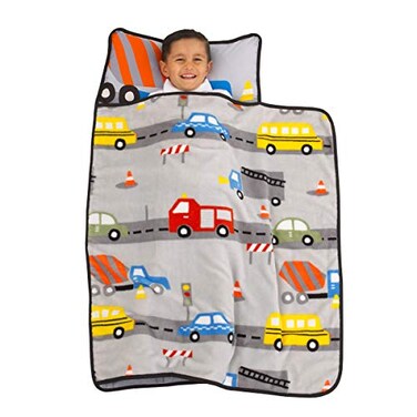 Everything Kids Grey Red Yellow and Blue Construction Toddler Nap Mat with Pillow and Blanket with Pillow and Blanket