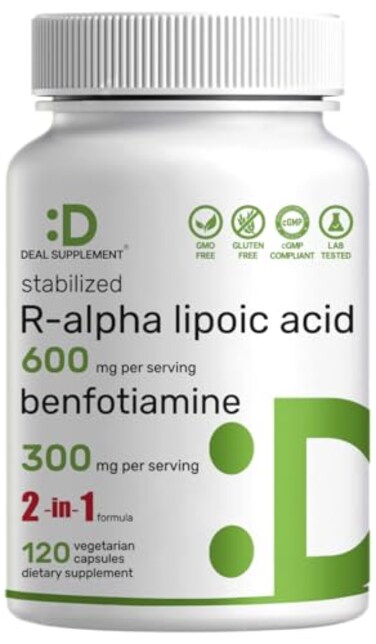 مكمل غذائي DEAL SUPPLEMENT R، حمض ألفا ليبويك 600 ملغ مع بنفوتيامين 300 ملغ لكل جرعة، 120 كبسولة نباتية، 200 ملغ حمض ألفا ليبويك لكل كبسولة، مكمل غذائي مضاد للأكسدة لدعم الطاقة والجهاز العصبي