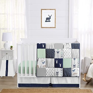 Sweet Jojo Designs Navy Blue Mint and Grey Woodsy Deer Boys Baby Bedding 4 Piece Crib Set