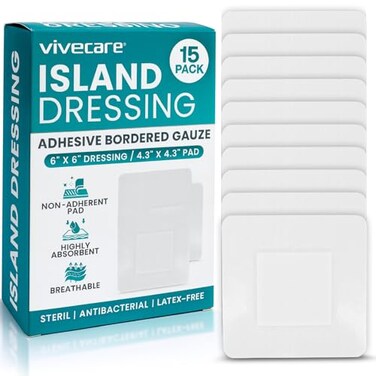 Vive Care Island Dressing 15 Pack 6x6 Sterile Gauze Pads for Wounds Waterproof Non Stick Adherent Border Flex Bandages Soft Absorbent First Aid Medical Bandages Protective Healing for Burn