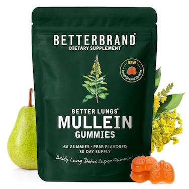 حلوى مضغية من نبات المُلّين من Betterbrand لتنظيف الرئتين وإزالة السموم، مكمل غذائي لصحة الجهاز التنفسي، 2000 ملغ من مستخلص المُلّين لكل حصة، 501 ملغ من المستخلص، تكفي لمدة 30 يومًا، بنكهة الكمثرى