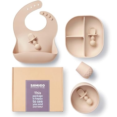 SAMiGO Silicone Baby Feeding Set Suction Plate Bowl Set Self Feeding Spoons Bib Cup Baby Led Weaning Supplies First Stage Feeding Essentials Food Eating Utensils 6 Months