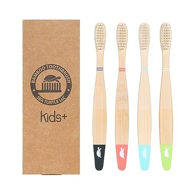 Sea Turtle PlantBased Bristles Bamboo Toothbrushes Soft Natural Toothbrush for Kids 4 Pack