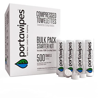 Portawipes Coin Tissues 500 Pack with 4 Carrying Cases Toilet Paper Tablets Compressed Towels Expandable Wipes Soft Odor Free
