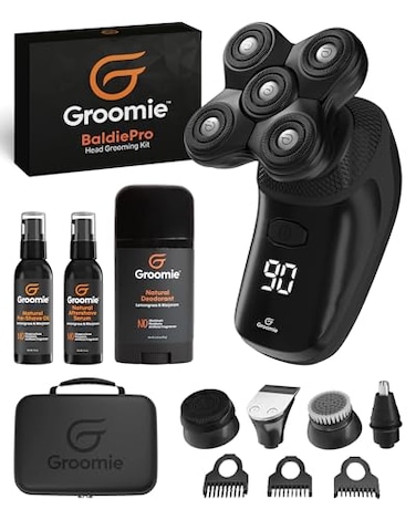 مجموعة Groomie Crispy AF للعناية بالحلاقة للرجال الصلع، تتضمن ماكينة حلاقة كهربائية BaldiePro، زيت ما قبل الحلاقة، مزيل عرق، حقيبة سفر، مجموعة أدوات حلاقة متكاملة للرجال