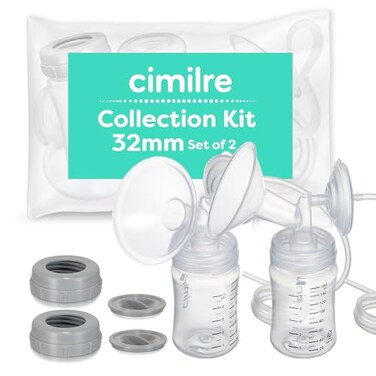 طقم تجميع حليب الثدي Cimilre 32MM، طقم تجميع حليب الثدي مزدوج الضخ لتخزين حليب الثدي، يتضمن واقيات للثدي وصمامات وواقيات من الارتداد وزجاجات.