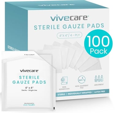 Vive Care 4x4 Sterile Gauze Pads 100pc Individually Wrapped 2Pack Wound Dressing for Cleaning Cushioning NonAdhesive Highly Absorbent Bandages