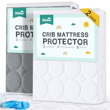 Biloban Crib Mattress Protector 2 Pack Waterproof Quilted Grey White Absorbent Ultra Soft Noiseless Durable