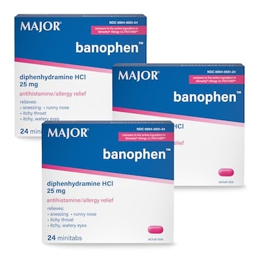 MAJOR Banophen Diphenhydramine HCI 25 mg Minitabs Temporary Relief from the Symptoms of Hay Fever and Upper Respiratory Allergies Antihistamine Allergy Medicine 24 Count 3 Pack