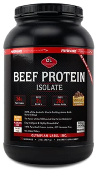 Olympian Labs Beef Protein Isolate Powder 24g Protein BST Free 2 Grams BCAAs Muscle Building Amino Acids 32 Ounces Flavored with Real Chocolate