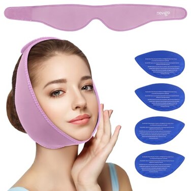 كمادة ثلجية لضرس العقل من نيوغو، غطاء رأس للوجه، كمادة ثلجية للفك بعد جراحة الفم، مع 4 عبوات جل ساخنة وباردة، لعلاج اضطرابات المفصل الصدغي الفكي، وخلع الأسنان، والتعافي بعد استئصال اللوزتين، لون بنفسجي
