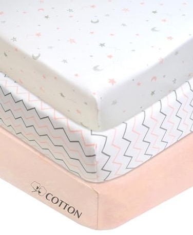 American Baby Company 3 Pack 100 Natural Cotton Fitted Mini Crib Sheets 38 x 24 Soft Breathable Small Nesting Portable Sheets Fits Pack N Play Mattresses Pink StarZigzag for Boys Girls