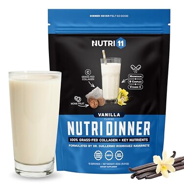 Nutri11 NutriDinner من Nutrillermo، مسحوق بروتين الكولاجين من الأبقار التي تتغذى على العشب، كولاجين مع مغنيسيوم وفيتامينات ب، مكمل كولاجين للنوم والتعافي، نكهة فانيليا 149
