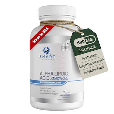Smart Nutra Alpha Lipoic Acid 600mg Per Serving 240 Vegan Capsules Gluten Free Pure NonGMO ALA Supports Energy Anti Oxidant