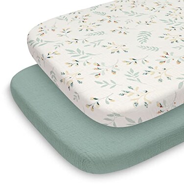 Blissful Diary Muslin Bassinet Sheets for Baby Girls Boys Boho Soft Cotton Fitted for Oval Hourglass Rectangle Mattress 2 PackRoman GreenLeaf