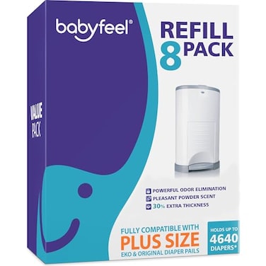 Babyfeel Refills for DEKOR PLUS Diaper Pails 8 Pack Exclusive 30 Extra Thickness Fresh Powder Scent Holds up to 4640 Diapers