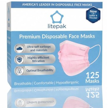 Litepak 125Pack Disposable Face Mask Premium Comfort Earloops with Dispenser Box Pink