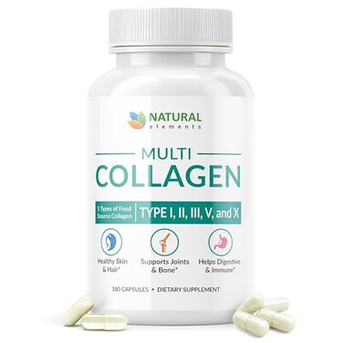 natural elements Multi Collagen 180 Protein Capsules Type I II III V X Collagen Pills Proprietary Blend of Eggshell Chicken Wild Fish GrassFed Beef Collagen Peptides 2025mg per serv