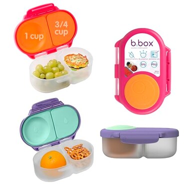 b.box bbox Snack Box 2Pack Leak Proof Mini Bento Box for Kids Toddlers 2 Compartment Snack Containers for Kids Dishwasher Safe BPAFree PFASFree Ages 4mo 1 34 Cup Each Strawberry Lilac