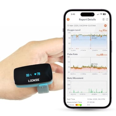 خاتم LOOKEE O2Tracker لقياس تشبع الأكسجين في الدم بشكل مستمر، مزود بخاصية التنبيه بالاهتزاز لانخفاض مستوى الأكسجين، قابل لإعادة الشحن، تطبيق مجاني مع تقارير.