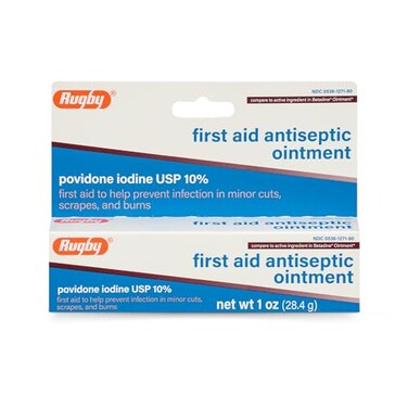 RUGBY LABORATORIES Rugby First Aid Antiseptic Ointment Povidone Iodine USP 10 Topical Solution Helps Prevent Infection in Minor Cuts Scrapes and Burns 1 Oz