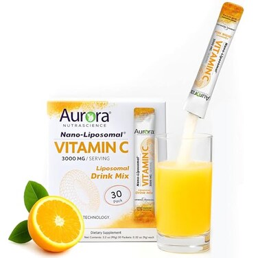 Vida Lifescience Aurora Nutrascience NanoPack Liposomal Vitamin C Powder Drink Mix Healthy Immune Support for Adults High Strength 3000 mg Per Serving Zero Sugar 30 Single Serve Packets Orange