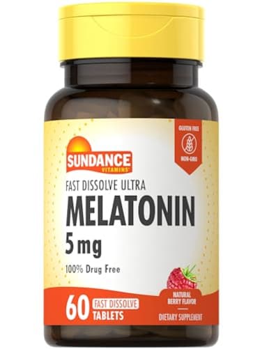 Sundance Melatonin 5mg Fast Dissolve Tablets 60 Count Natural Berry Flavor Vegetarian NonGMO and Gluten Free Supplement
