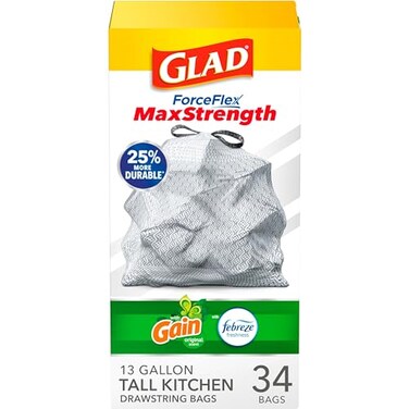 Glad Gain ForceFlex MaxStrength Tall Kitchen Trash Bags 13 Gal Gain Original 34 Ct Pack May Vary