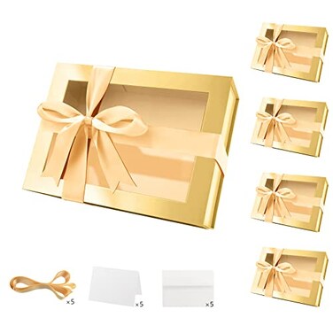 PACKQUEEN 5 Gold Boxes with Windows 9x65x38 Inches Clear Gift Boxes for Presents Contain Ribbons Cards Bridesmaid Proposal Boxes Christmas Gift Boxes with Magnetic Lids Glossy Gold
