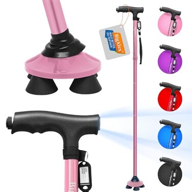 BigAlex Folding Walking Cane with LED LightPivoting Quad BaseAdjustable Walking Stick with Carrying Bag for MenWomen