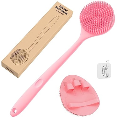 Manmihealth Silicone Back ScrubberThick Bristles Soft Bath Glove Set SuperExfoliating Body Scrubber SuperLathering Shower Brush Combination with a Free HookPink