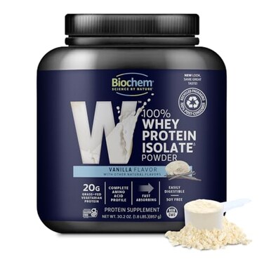 Biochem Whey Protein Isolate Powder Vanilla Flavor 20 Grams per Serving Sourced from Grass Fed Cows NonGMO Vegetarian Supports Muscle Mass Performance