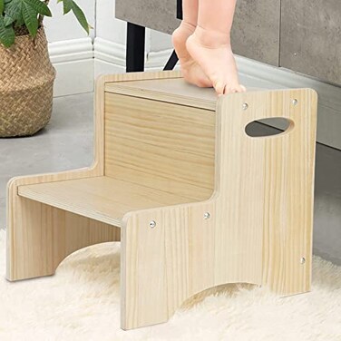 WOOD CITY Toddler Step Stool for Kids Wooden Two Step Childrens Stool with Handles Bonus NonSlip Pads for Safety Bathroom Potty Stool Kitchen Step Stools Dual Height