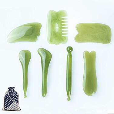 YUYONGTANG 7 Pieces Gua Sha Scraping Massage ToolNatural Resin GuaSha Tool Massage Tools Set for Face Back and Neck ReleaseReduce Muscle Painwith Storage Bag Green