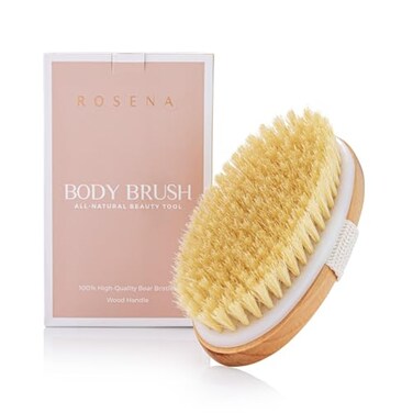 ROSENA Dry Brushing Body Brush Best for Exfoliating Dry Skin Lymphatic Drainage and Cellulite Treatment Organic Spa Exfoliator and Massage Scrub Brush with Natural Boar Bristles Oval
