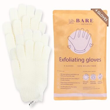 قفازات استحمام بيضاء مقشرة من Bare Botanics، عبوة من 4 قطع، مصنوعة من ألياف النايلون 100%