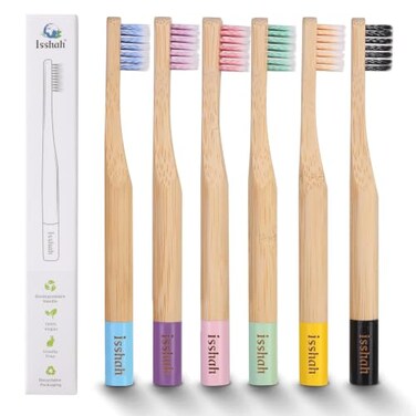 Isshah Biodegradable Bamboo Kids Toothbrush Spiral Soft Bristles 6 Pack