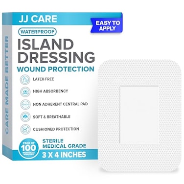 ضمادات لاصقة مقاومة للماء من JJ CARE، عبوة من 100 ضمادة، شاش معقم ذو حواف، مقاس 3 × 4، ضمادات جروح جزيرية قابلة للتهوية، مغلفة بشكل فردي، ضمادات شاش لاصقة مع وسادة مركزية غير لاصقة.