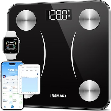 ميزان INSMART الذكي لقياس نسبة الدهون في الجسم، ميزان ذكي لقياس الوزن بدقة 0.1 رطل، ميزان حمام رقمي عالي الدقة لقياس مؤشر كتلة الجسم، ونسبة الدهون في الجسم، وكتلة العضلات، وتكوين الجسم، متوافق مع تطبيق، شاشة LED، يتحمل وزنًا يصل إلى 400 رطل، أسود اللون