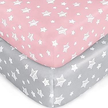 Moonsea Crib Sheets for Girls 2 Pack Fitted Crib Sheet for Standard Size Crib and Toddler Mattresses Soft and Breathable Material Grey Pink