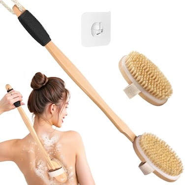 Vafada Wood Body Brush Set206 Long Handle Bath Body Back Scrubber Soft Stiff Bristles Detachable 2 Brush Heads Gentle Exfoliator Remove for Wet Dry Use