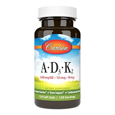 Carlson Vitamins A D3 K2 3000 mcg RAE Vitamin A 125 mcg Vitamin D3 90 mcg Vitamin K2 as MK7 Bone Building Calcium Utilization 120 Soft Gels