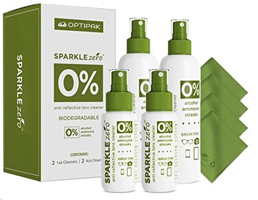 طقم بخاخ تنظيف العدسات OPTIPAK Sparkle المضاد للانعكاس والصديق للبيئة، يتضمن: زجاجتين لتنظيف النظارات سعة 4 أونصات، زجاجتين سعة 1 أونصة، 4 قطع قماش من الألياف الدقيقة لتنظيف عدسات النظارات والشاشات والنظارات الشمسية، طقم من 8 قطع